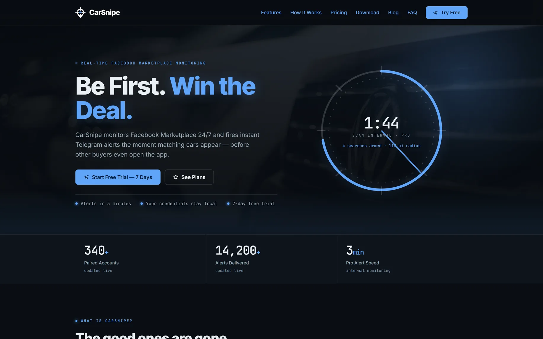 The CarSnipe homepage on a near-black background, headline "Be First. Win the Deal.", a free-trial button, a blue scan-interval dial counting down from 1:44, and a stat row reading 340+ paired accounts, 14,200+ alerts delivered and a 3-minute Pro alert speed.