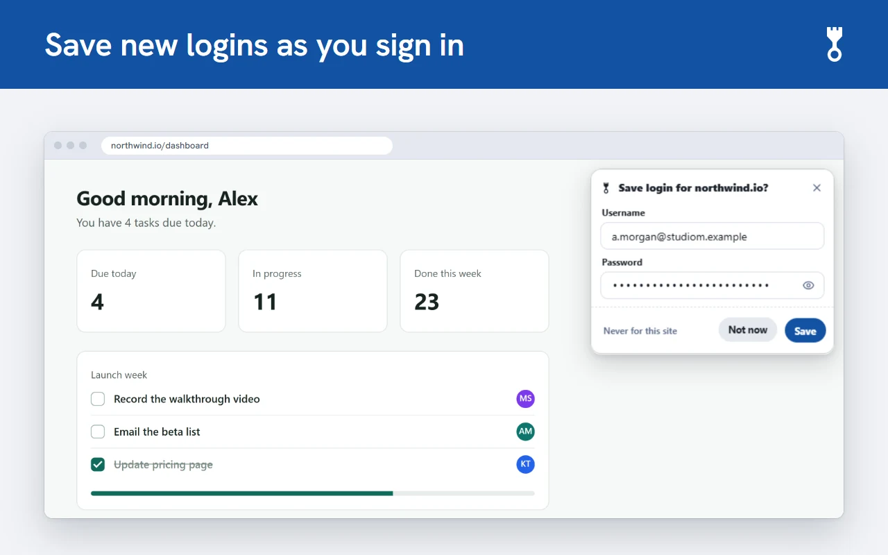 Litewarden asking to save a new login after sign-in, with the username and a masked password, and Never for this site, Not now and Save buttons.